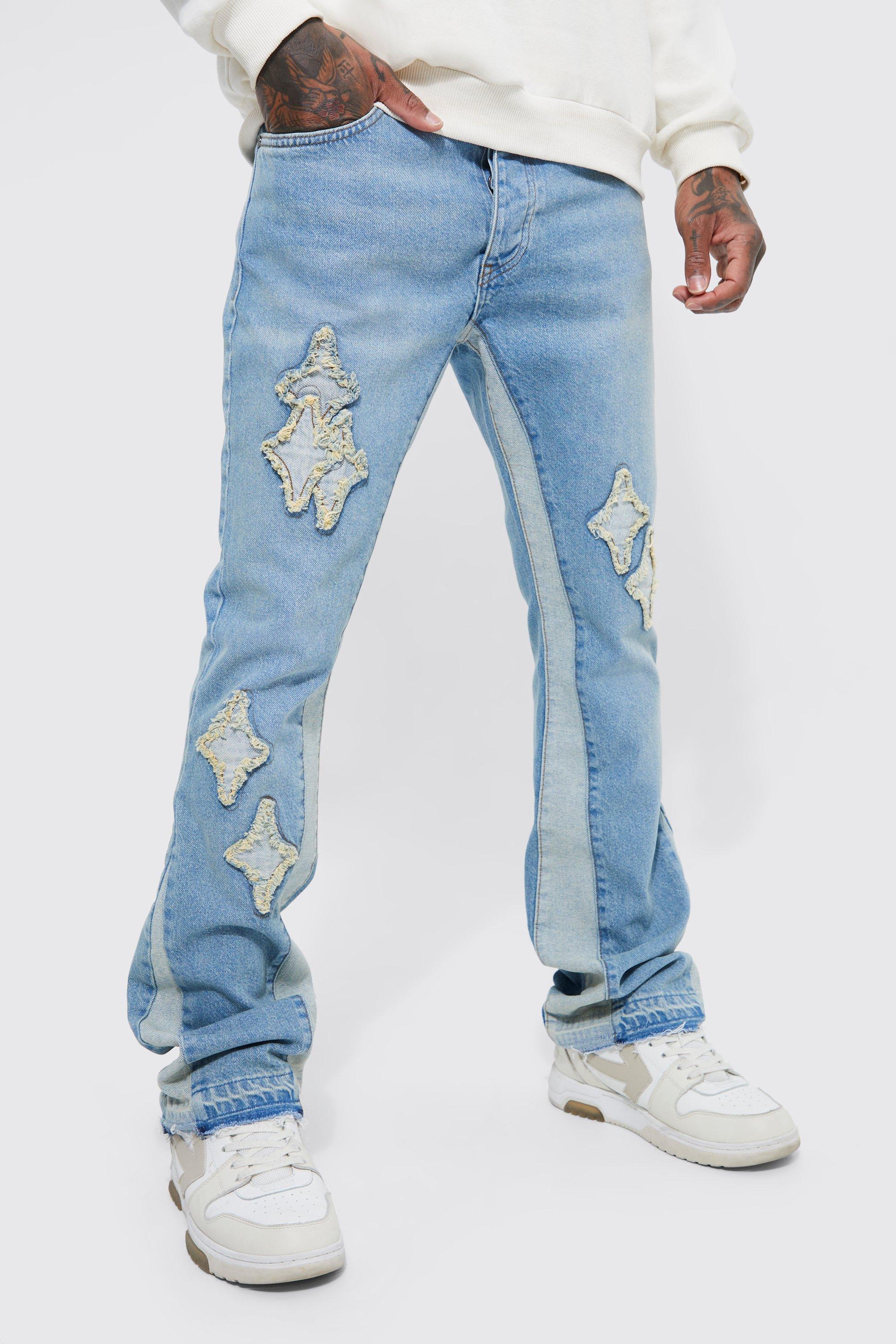 Mens Blue Slim Flare Applique Panel Jeans, Blue